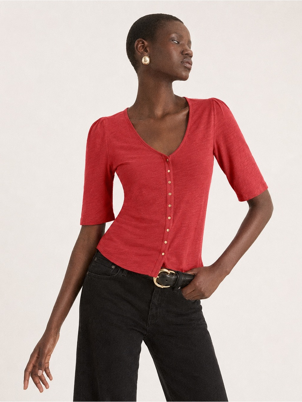 Nation LTD Red Orange Pima Cotton Gold Snap Puff Sleeve V Neck Top
